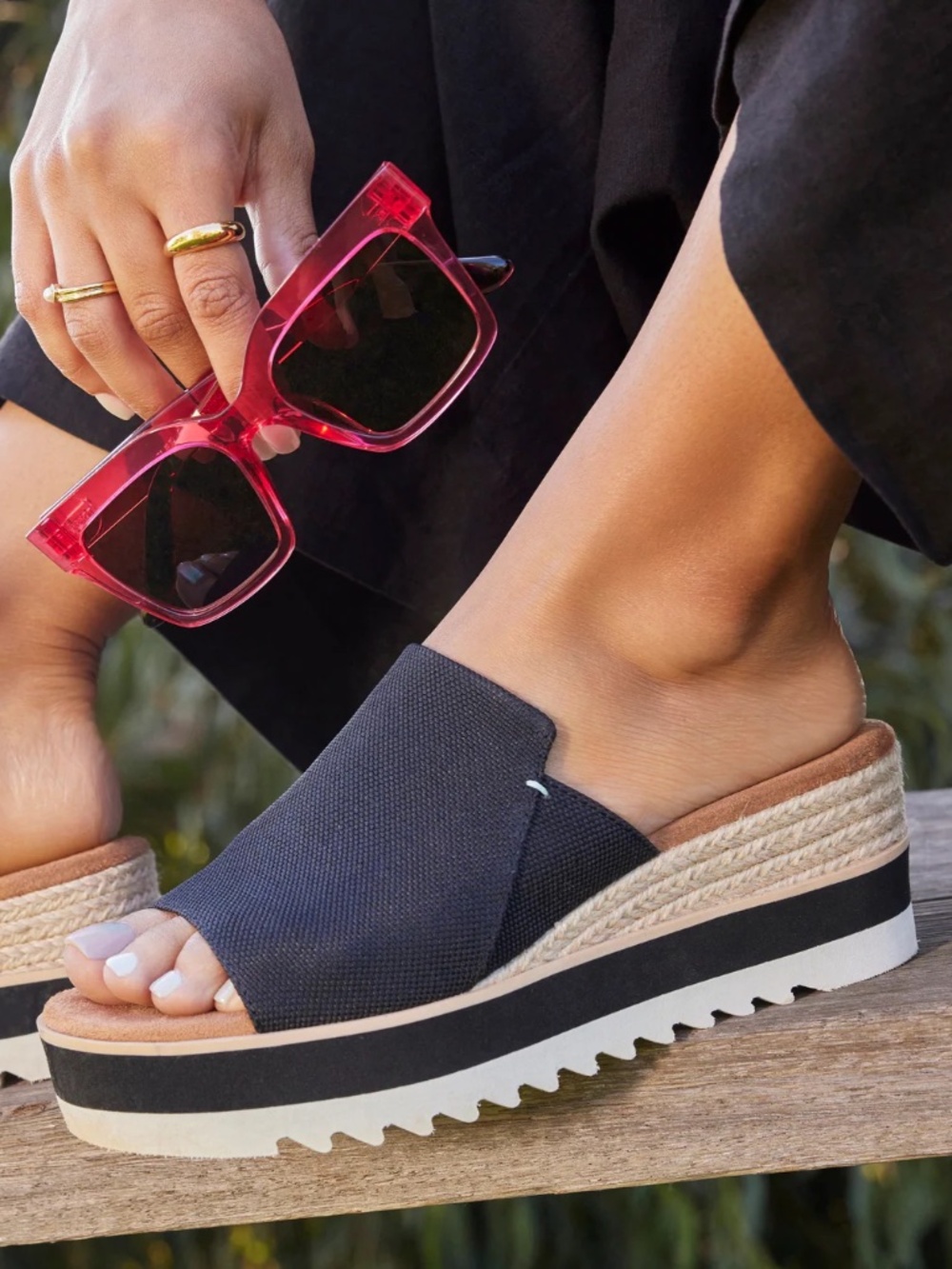 TOMS Black Canvas Diana Mule Wedge Sandal | Size 10W